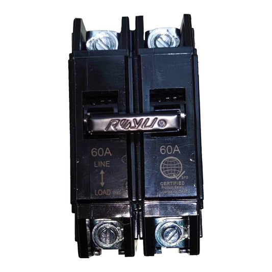 A pair of black 60A double-pole circuit breakers with silver metal screw terminals and a silver handle, shown against a plain white background.