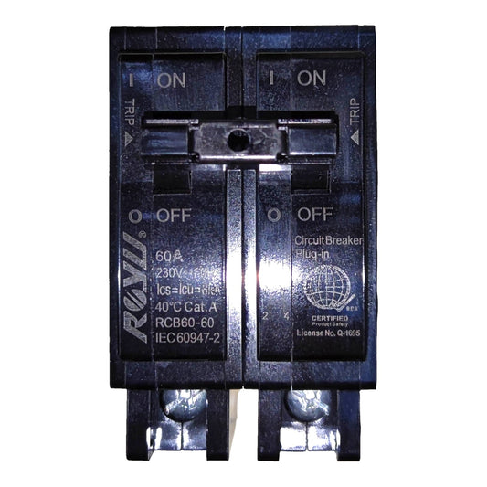 A black Romex circuit breaker plug-in module with silver metal terminals, shown against a plain white background.