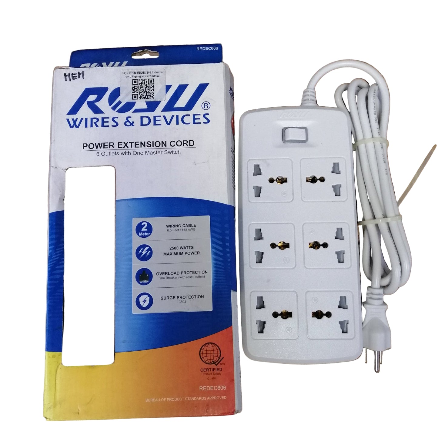 Royu 6 Gang Universal Extension Cord with One Switch10A 2 Meters Cord REDEC606