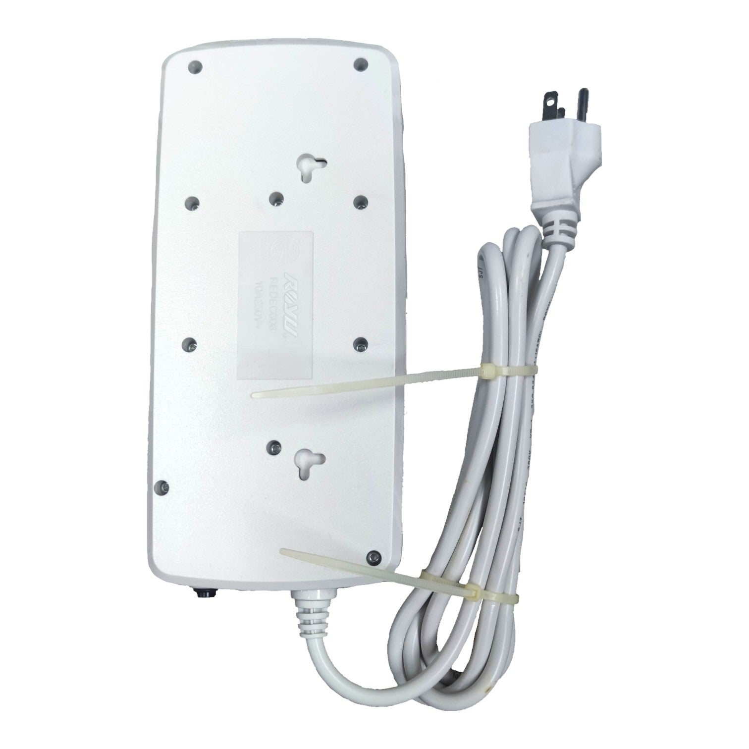 White rectangular power adapter or surge protector with a coiled power cord and two-pronged plug, shown on a plain white background.