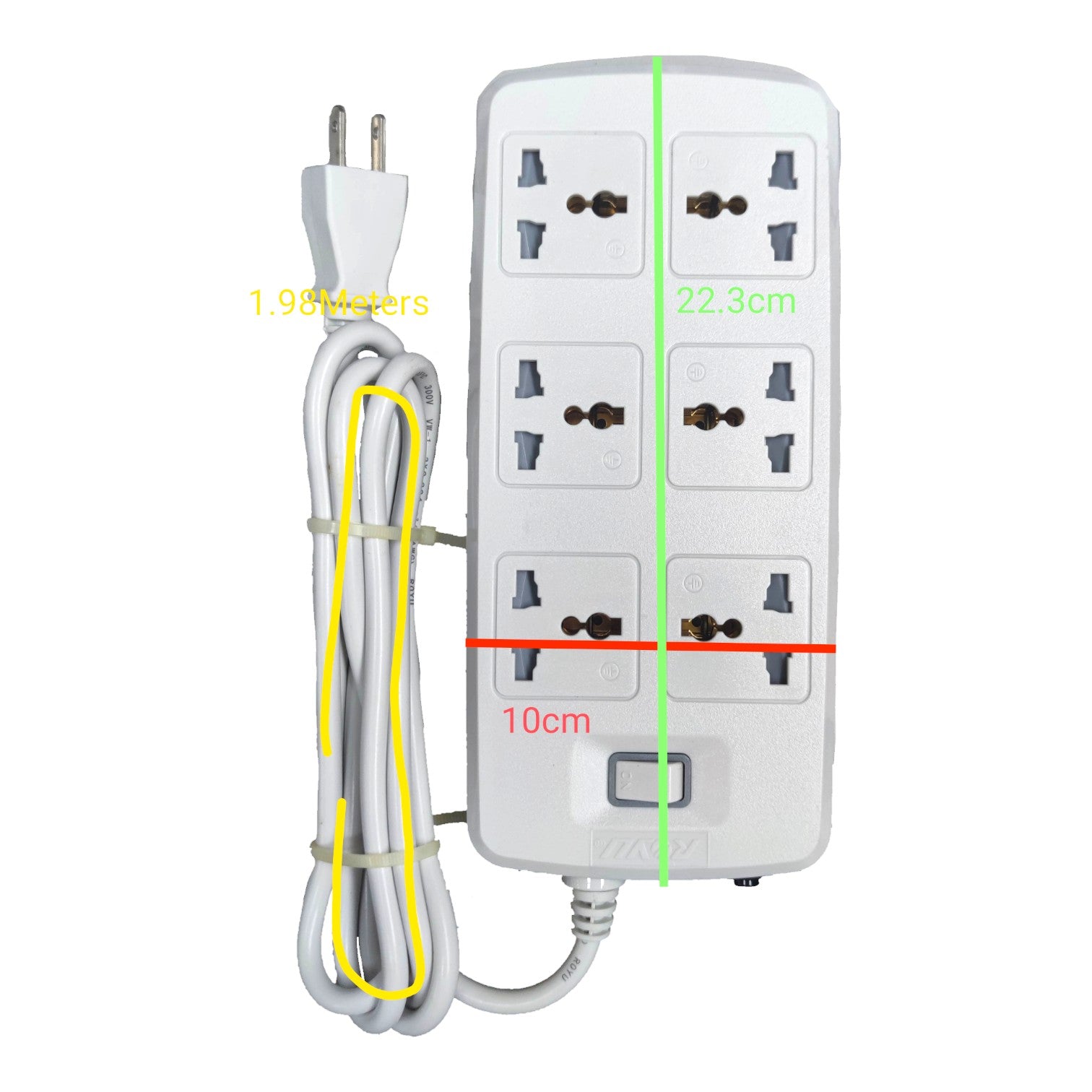 White multi-outlet power strip with coiled power cord, overlaid with dimension lines and text showing 1.95 meters length, 22.