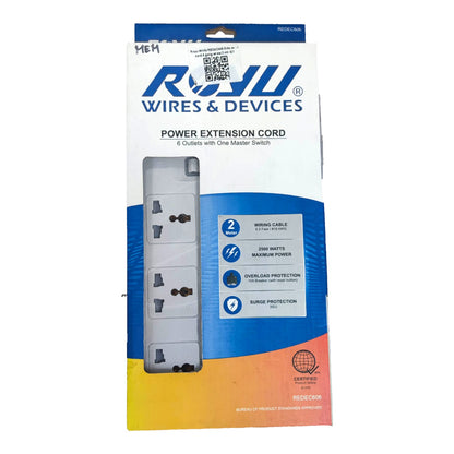 RYU Wires & Devices Power Extension Cord in its retail packaging, featuring a 6-outlet extension cord with a master switch, shown against a plain white background.