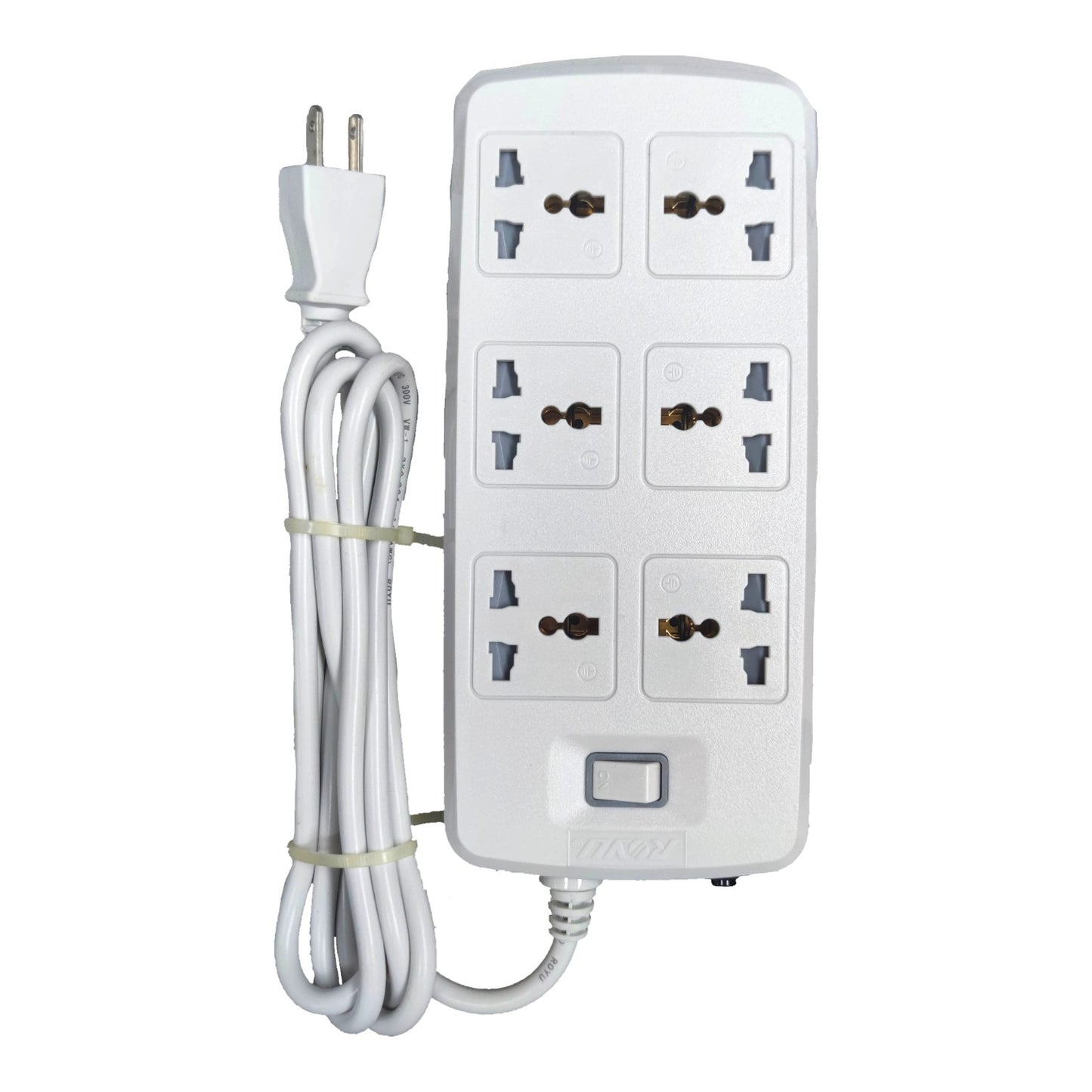 A white 6-outlet power strip with a coiled power cord and a three-pin plug, shown on a plain white background.