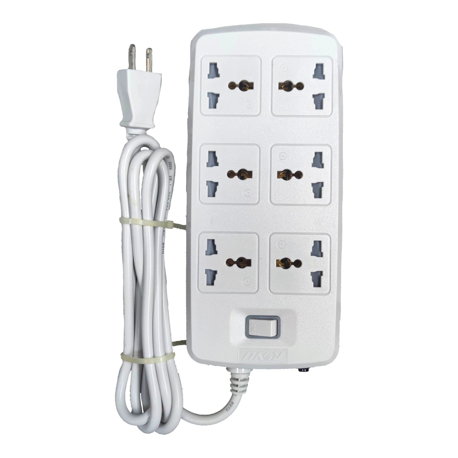 A white 6-outlet power strip with a coiled power cord and a three-pin plug, shown on a plain white background.