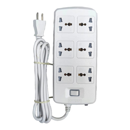 A white 6-outlet power strip with a coiled power cord and a three-pin plug, shown on a plain white background.