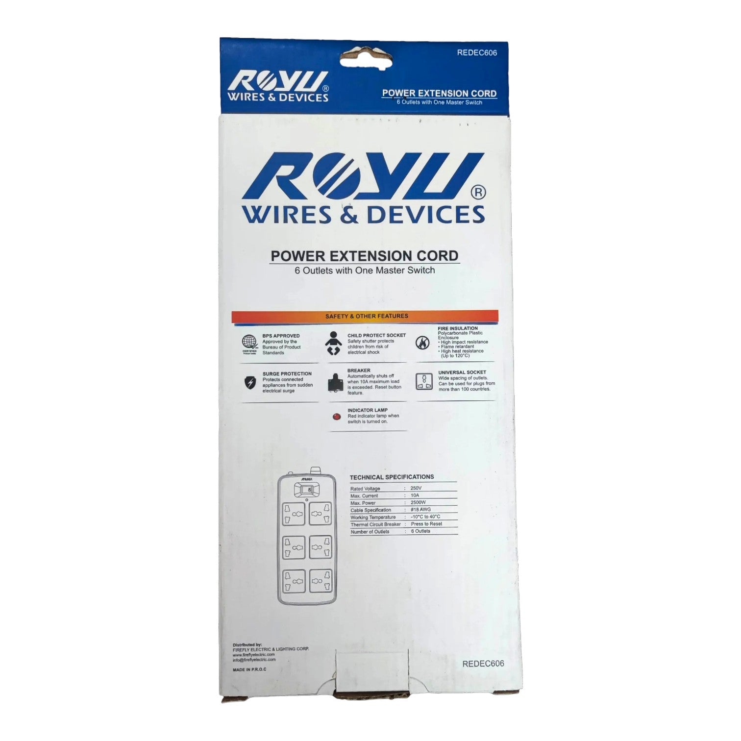 The retail packaging box for a Rony Wires & Devices Power Extension Cord (model REDC6080) on a plain white background.