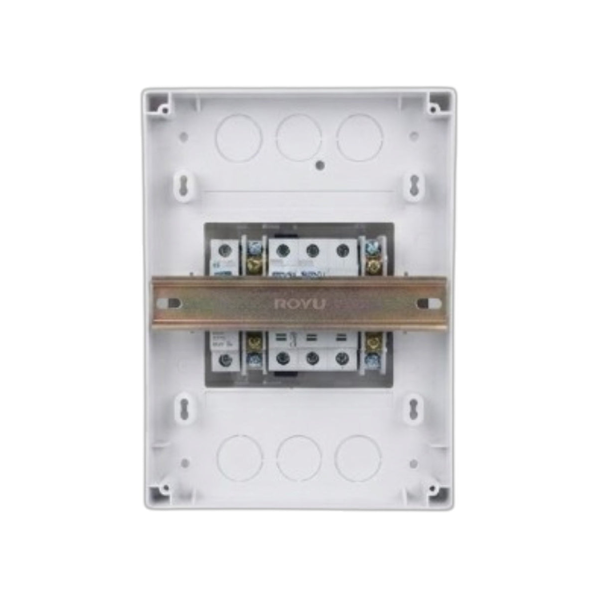 A white plastic modular electrical terminal block with a metallic copper bus bar labeled ROYU, shown against a plain white background.