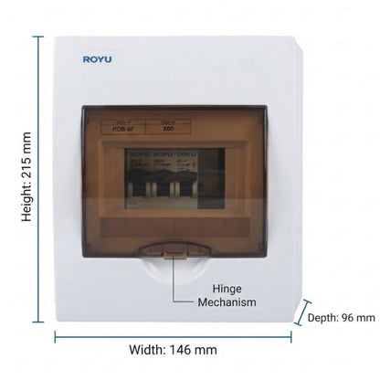 A white ROYu electrical distribution board with a translucent brown front cover, shown with dimension labels indicating height 215 mm, width 146 mm, and depth 96 mm.