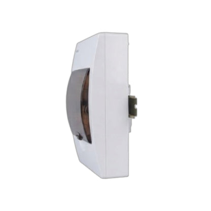 A white plastic wall-mounted dispenser or fixture with a dark reflective window and a small protruding component on the side, shown against a plain white background.