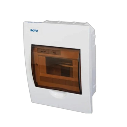 A white ROYU electrical distribution box with a translucent amber-colored front window, shown on a plain white background.