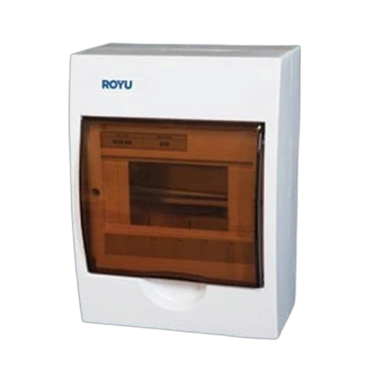 A white ROYU wall-mounted electrical compartment cover with a brown translucent door, shown on a plain white background.
