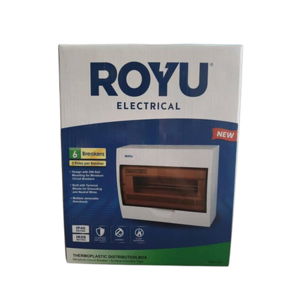 ROYU Electrical 6 Breakers Thermoplastic Distribution Box in its original retail packaging, featuring a white and blue box with an illustration of the white breaker.