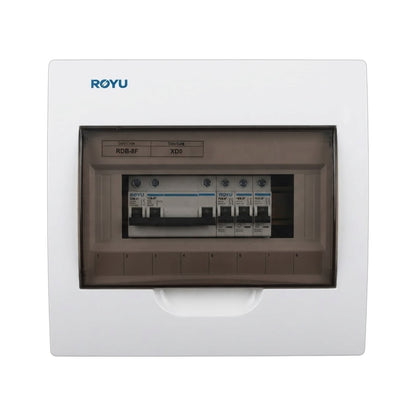 A white ROYU electrical distribution board cover with a transparent window showing internal circuit breakers, set against a plain white background.