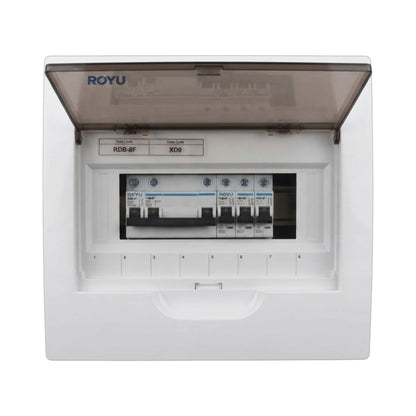 A white ROYU electrical distribution board with the translucent hinged cover open, showing multiple circuit breakers inside on a plain white background.