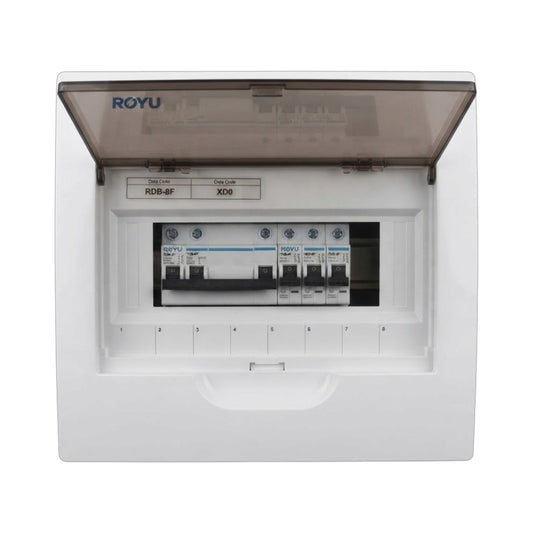 A white ROYU electrical distribution board with the translucent hinged cover open, showing multiple circuit breakers inside on a plain white background.