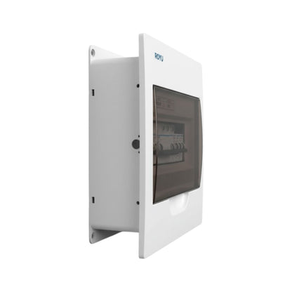 A white ROYu electrical distribution box with a transparent window showing internal components, set against a plain white background.