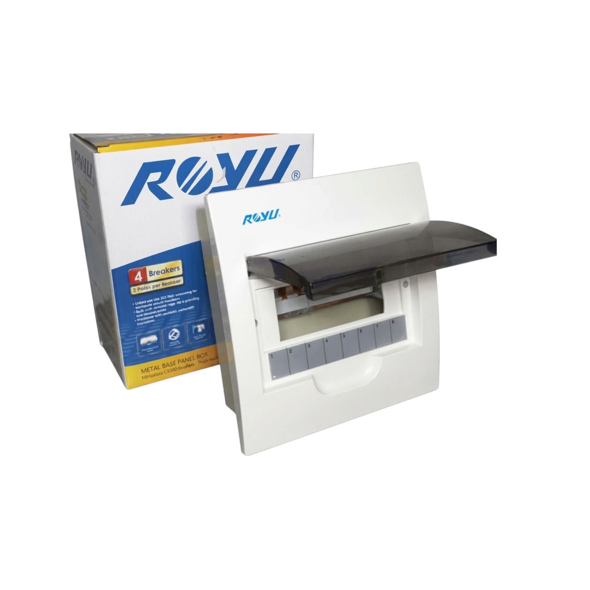 A white ROYU electrical distribution board with a dark gray protective cover partially open, shown next to its blue and yellow retail packaging box on a white background.