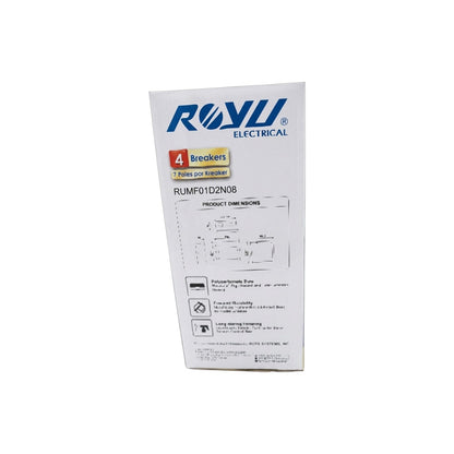 ROYu Electrical product box for RUMF01D2N08, a 4-breaker industrial electrical component, shown on a plain white background.