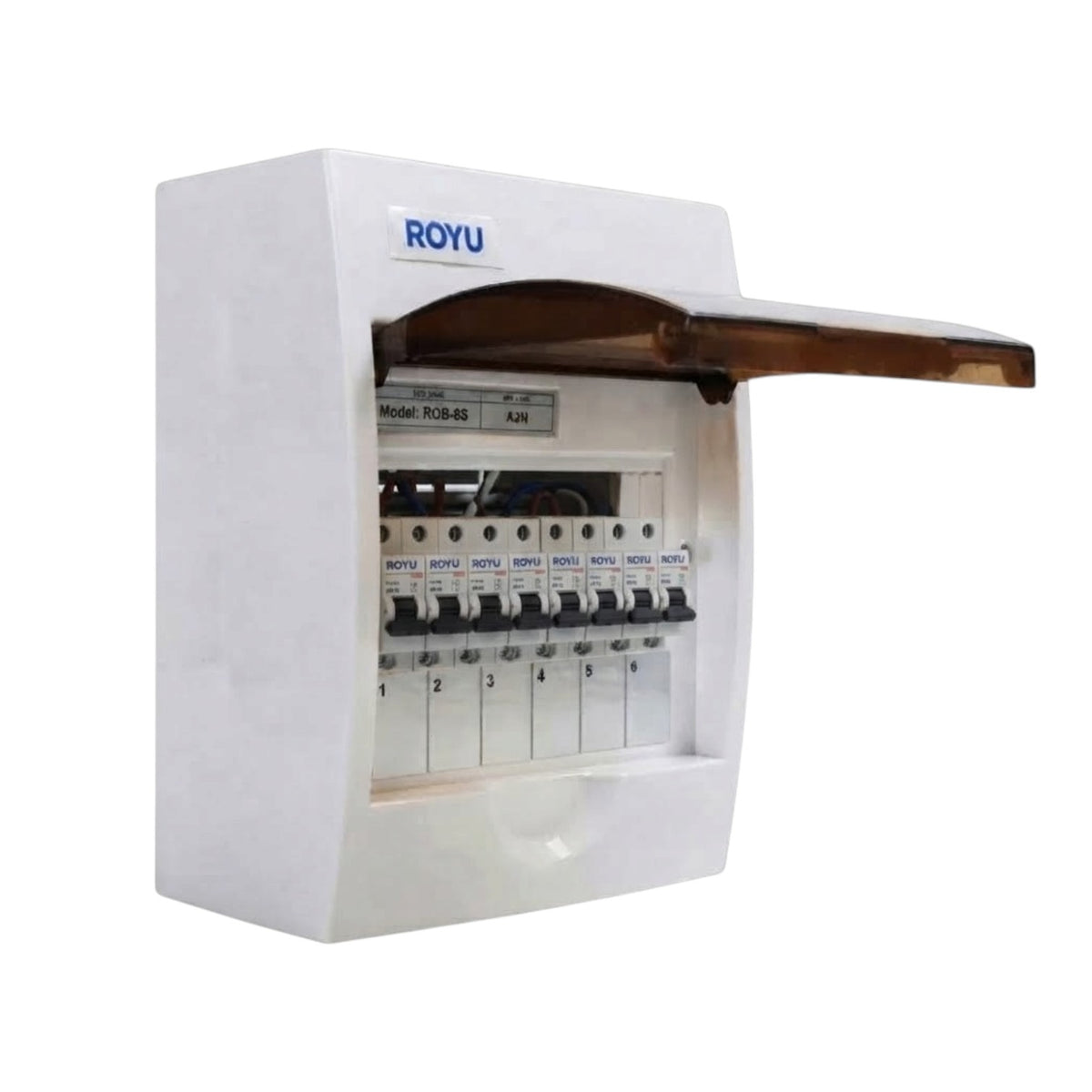 A white ROYU electrical distribution board with an open wooden-handled cover, showing multiple circuit breakers, on a plain white background.
