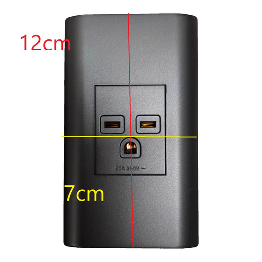 A dark gray rectangular wall outlet cover with two USB-C ports and one USB-A port, shown with red, yellow, and black dimension lines and text indicating 12cm height and 7cm width on a white background.