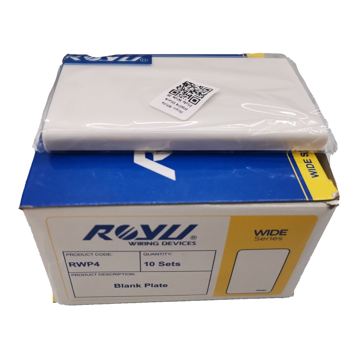 A box of Rwyu WRP4 wide blank plates for wiring devices, with a stack of white plastic blank plates wrapped in clear plastic on top, set against a plain white background.