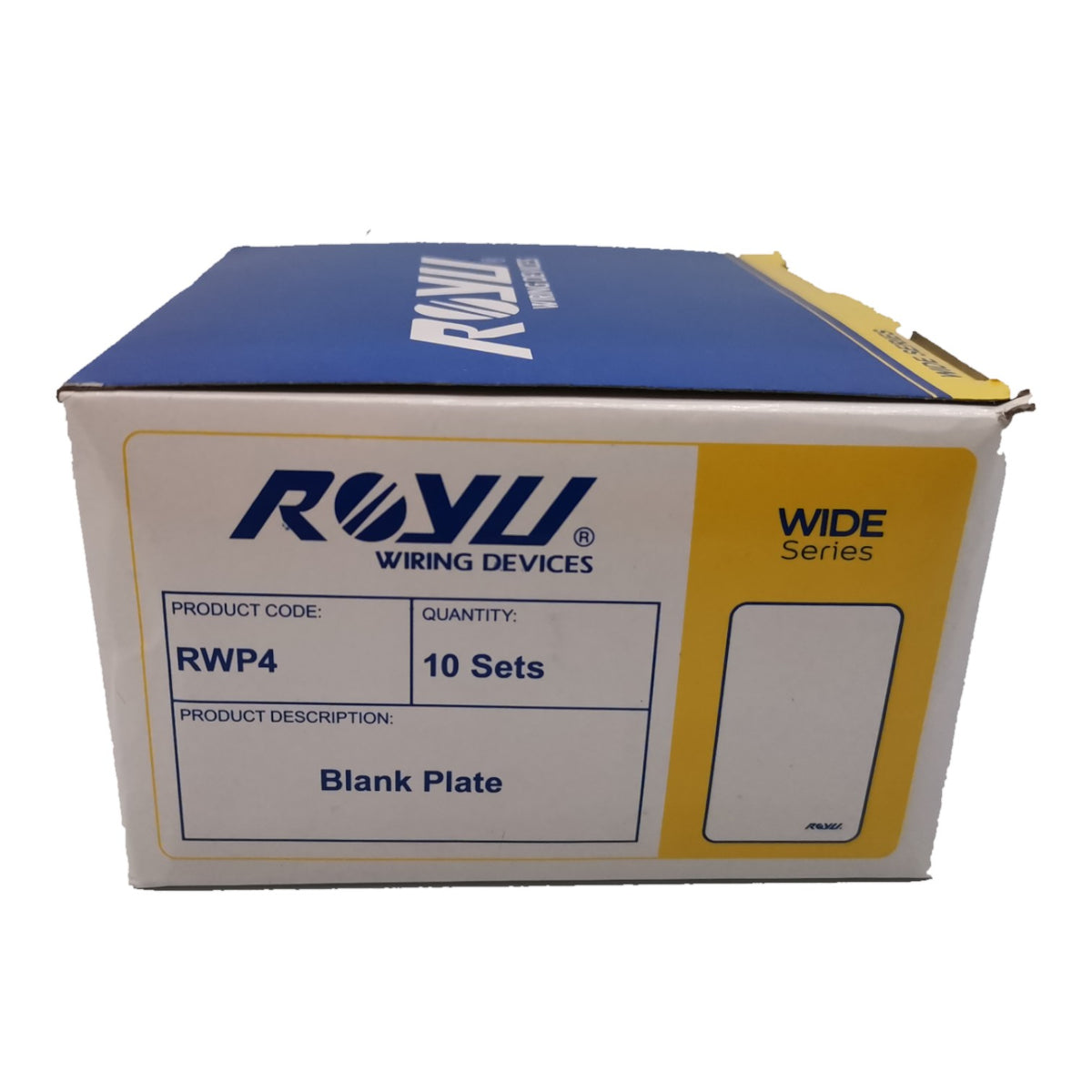 A blue and white cardboard box of Rwyu Wiring Devices WRP4 Blank Plate, 10 Sets, with yellow accents on the side.