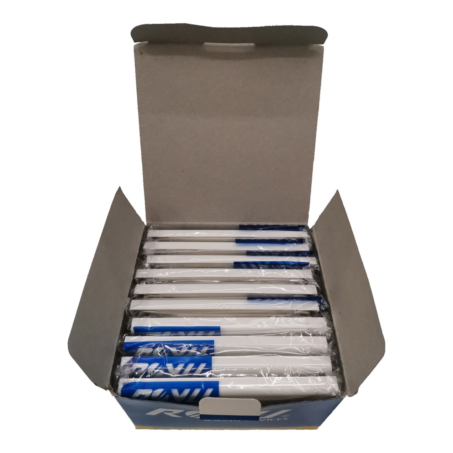 An open cardboard box containing multiple packs of white rolled cigarettes, each wrapped in clear plastic with a blue and white band. The brand name 'Rolls' is partially visible on the blue packaging.