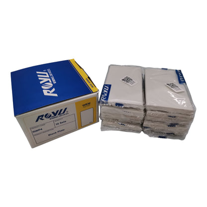 A blue and white RUNU brand box next to two stacks of white printed paper sheets in clear plastic wrapping, photographed on a plain white background.