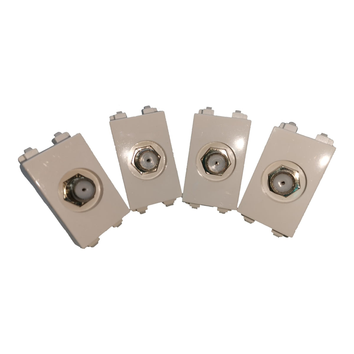 Four beige plastic electrical junction boxes with circular metal screw terminals, arranged in a fan shape on a white background.