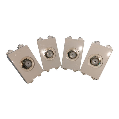 Four beige plastic electrical junction boxes with circular metal screw terminals, arranged in a fan shape on a white background.