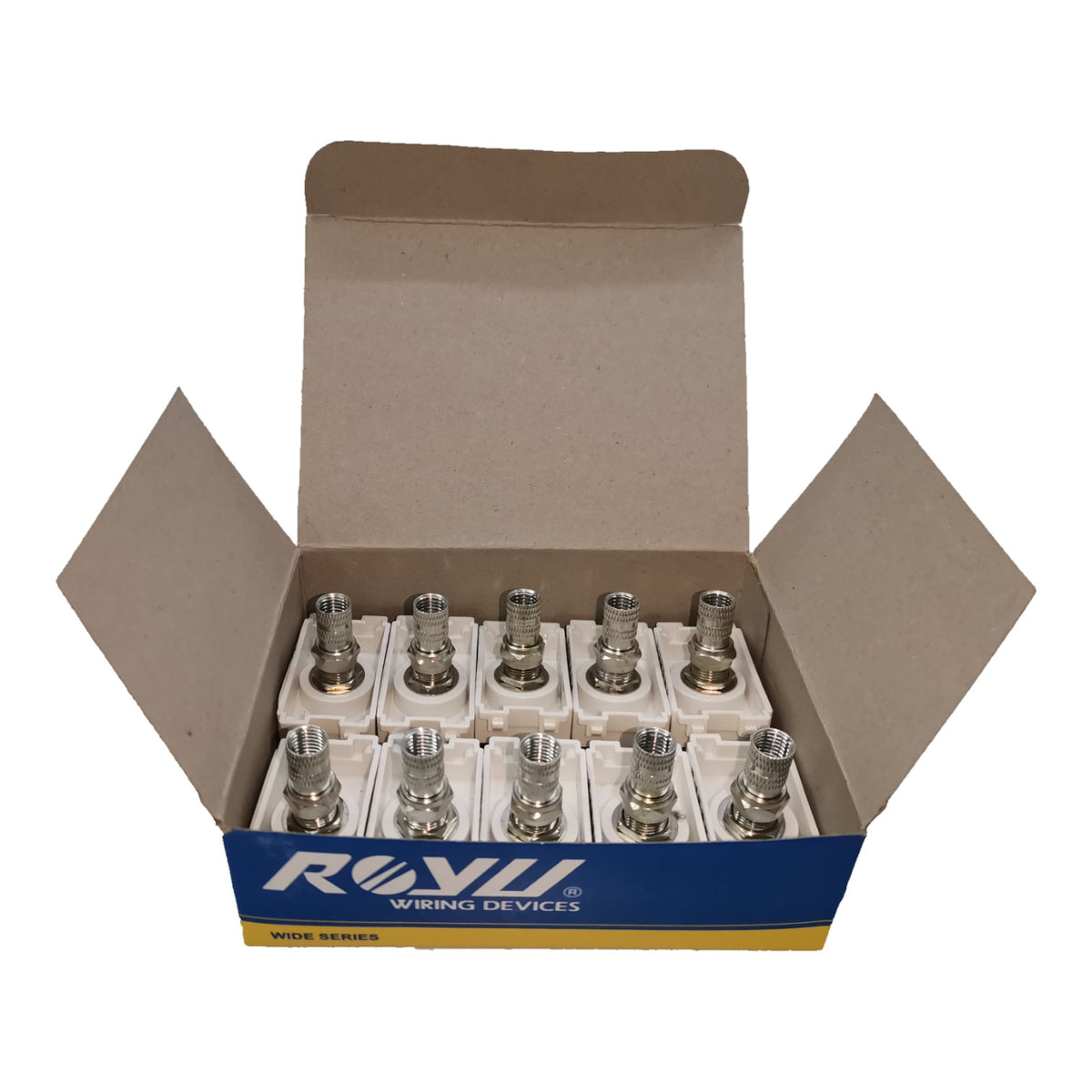 An open cardboard box of ROXY Wide Series Wiring Devices, showing multiple white plastic connectors with metal screw terminals arranged inside. The box features a blue and yellow ROXY brand label on the front.