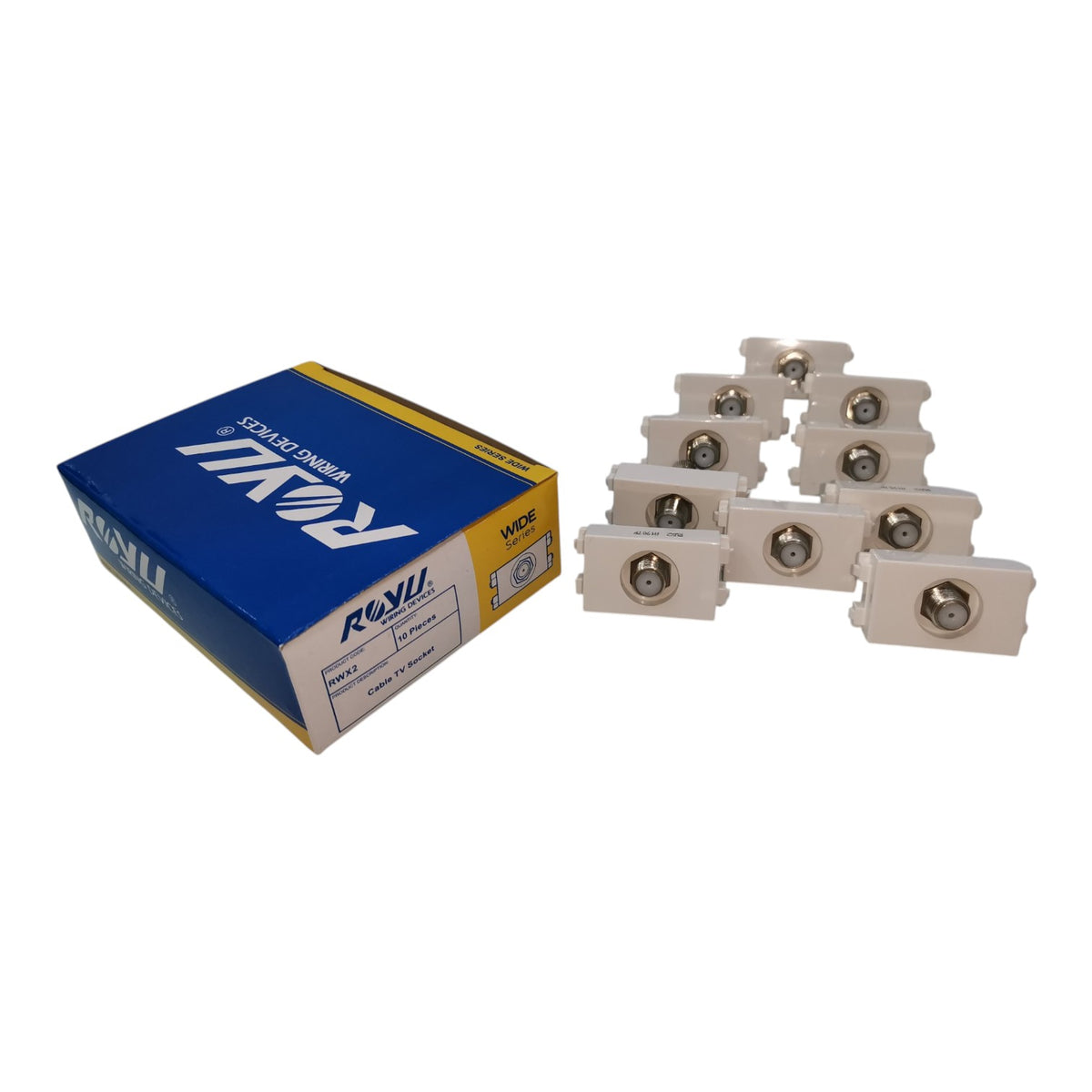 A blue and yellow box of ROVI wire winding tools alongside several white plastic winding mandrels with metal cores, displayed on a clean white background.
