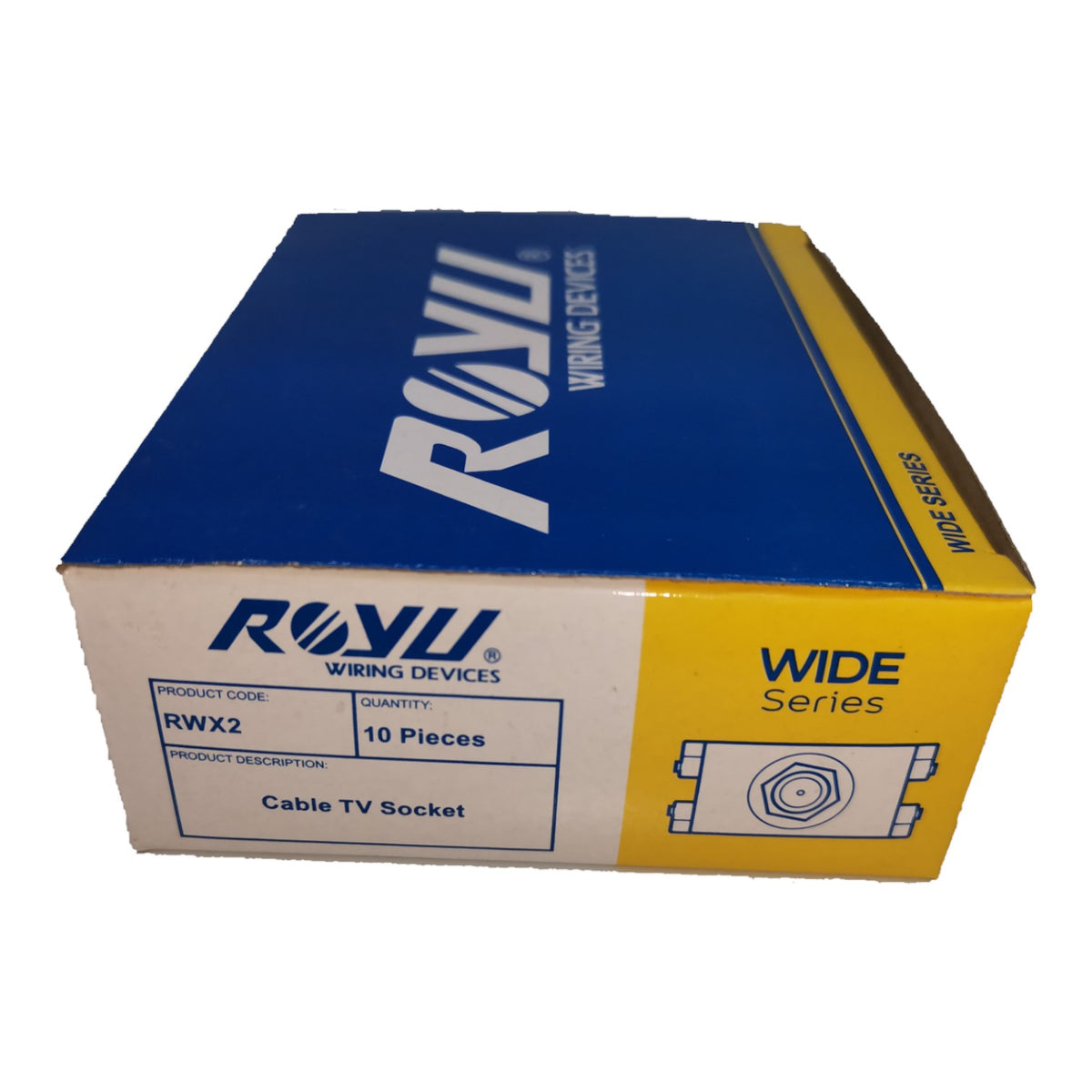 A blue, white, and yellow cardboard box of RWYU WIDE Series RWX2 Cable TV Sockets containing 10 pieces, shown on a plain white background.