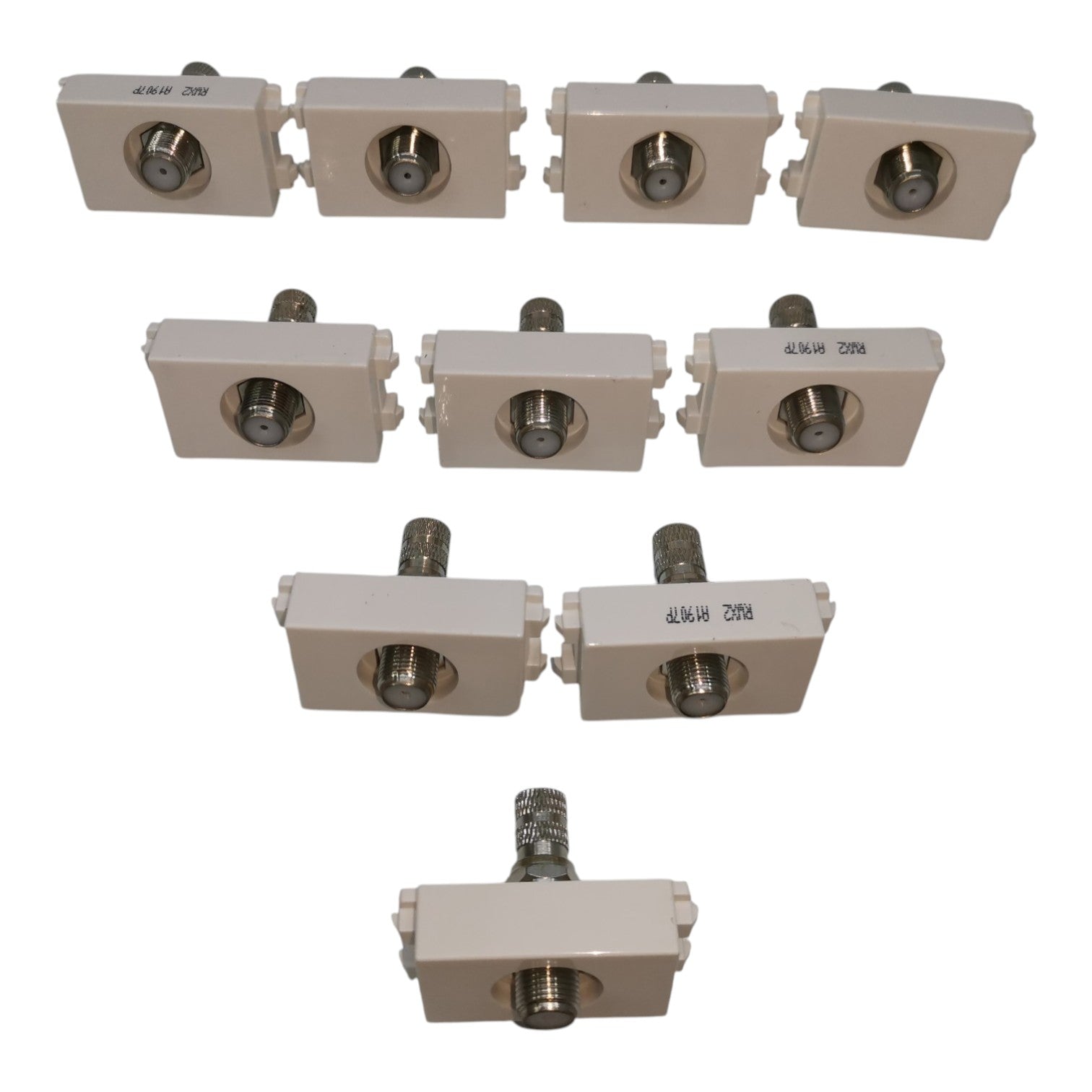 Nine beige electrical connector blocks with metal screw terminals, arranged in rows on a plain white background.