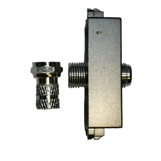 A small metal electronic component with a rectangular silver housing and a threaded connector on one side, shown next to a separate matching metal connector on a plain white background.