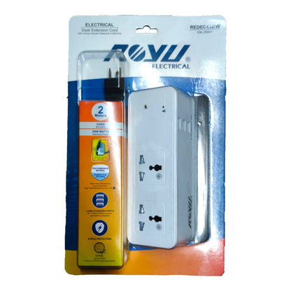 ROVI Electrical Redec4 4-way surge protector and power adapter in its original retail blister packaging, showing the white multi-socket adapter and orange safety instruction card.