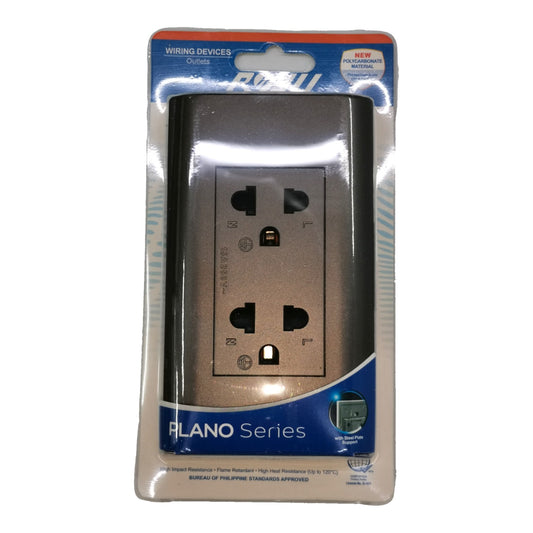 A 3-way duplex outlet cover plate in a brushed bronze finish, packaged in its original retail blister pack with a blue and white header card labeled 'PLANO Series'.