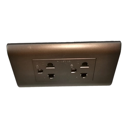 A dark bronze metal double outlet electrical wall plate on a solid white background.