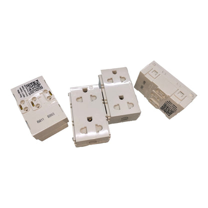 Four small beige electrical outlet modules or connectors shown on a plain white background, with printed labels and QR codes on some units.