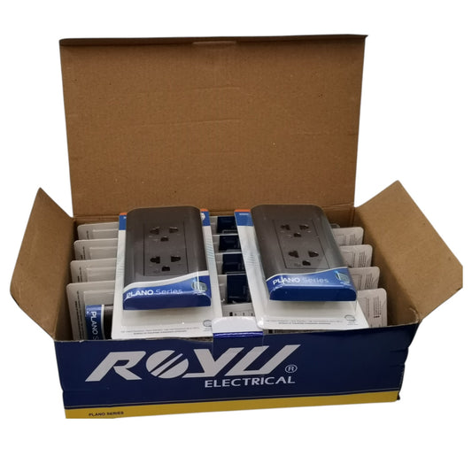 An open brown cardboard box containing multiple packaged ROYU Electrical 3-pin 16A wall outlets, with the outer box branded ROYU ELECTRICAL visible on the front.