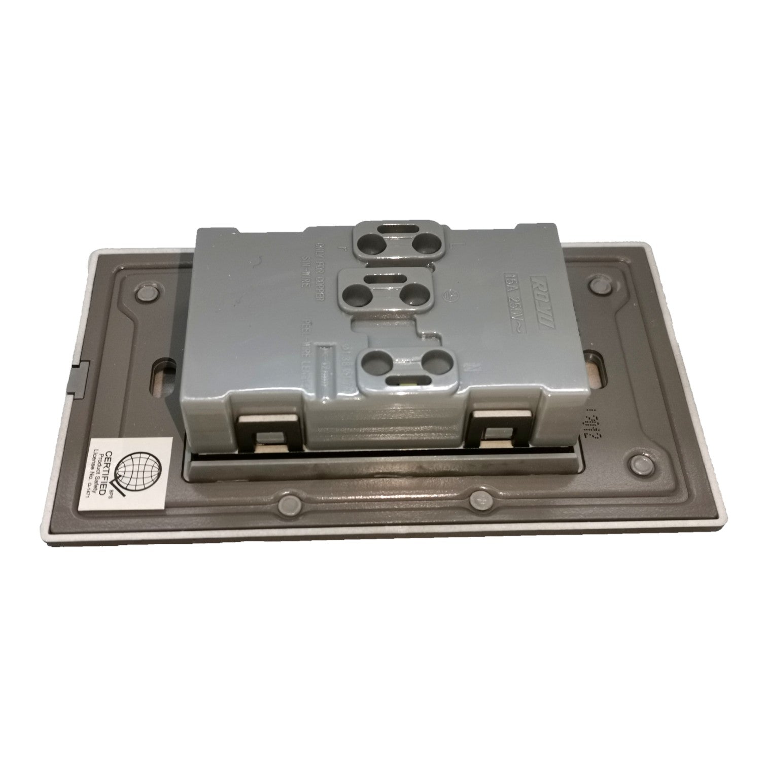A gray plastic electrical outlet cover plate with a metal backplate and a small white sticker on the left side, shown on a plain white background.