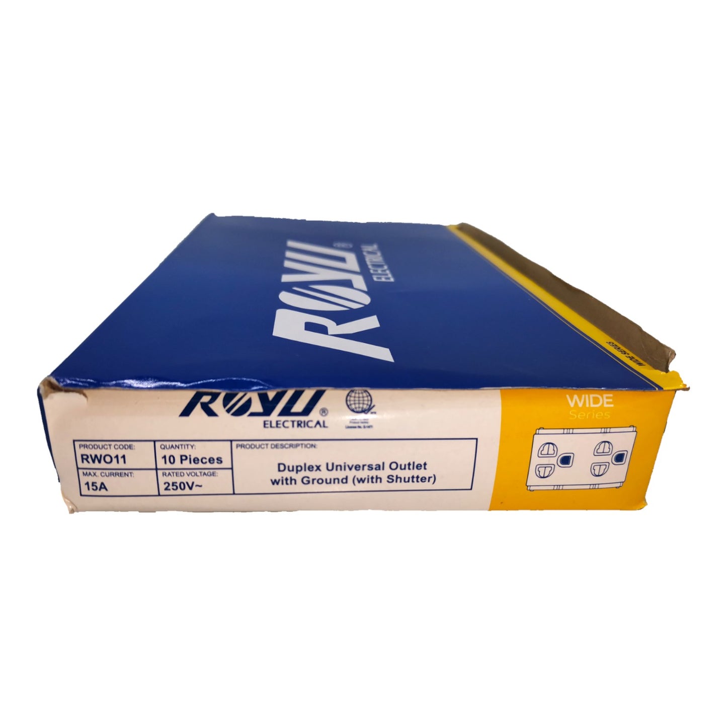 A blue and yellow box of Rosh Electrical RWG11 Duplex Universal Outlet with Ground, containing 10 pieces, photographed on a white background.
