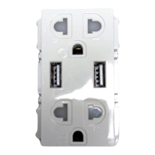 A white multi-port USB wall charger adapter featuring two standard USB-A ports, two USB-C ports, and two UK three-pin wall outlets on a plain white background.