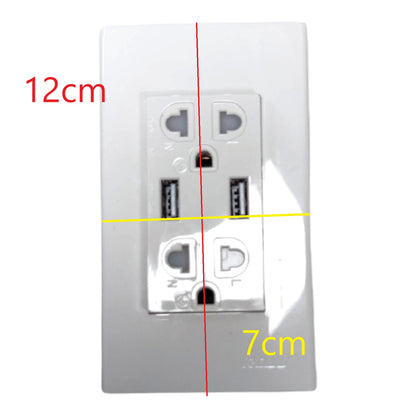 White wall outlet cover plate shown with overlaid dimension lines and text indicating 12 cm height and 7 cm width on a plain white background.