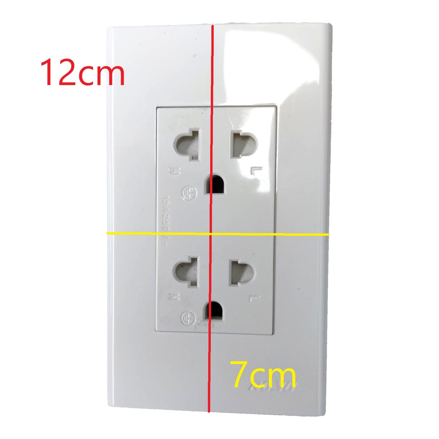 White wall outlet shown with overlaid red and yellow measurement lines and text reading 12cm and 7cm to indicate dimensions.