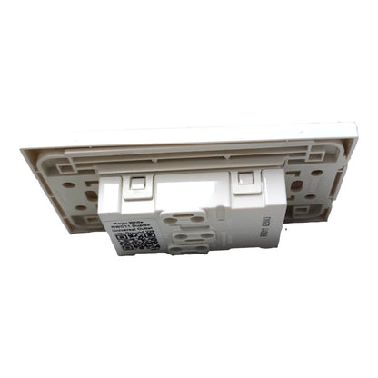 A white plastic electrical outlet cover plate or backplate component, photographed on a solid white background.