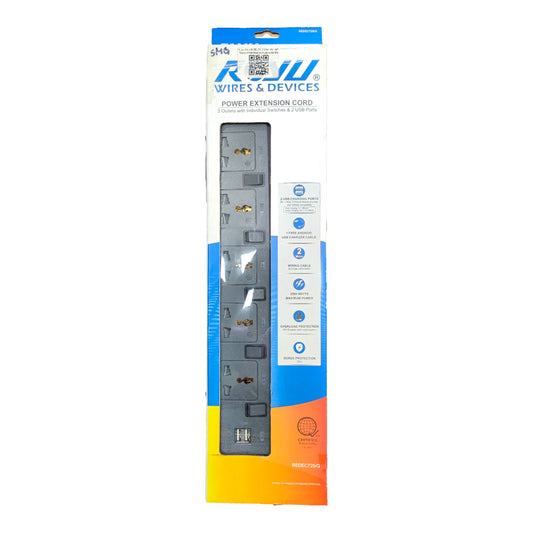 A 7-outlet power extension cord by RAW Wires & Devices in its retail packaging, featuring a gray plastic cord and blue and orange packaging design.