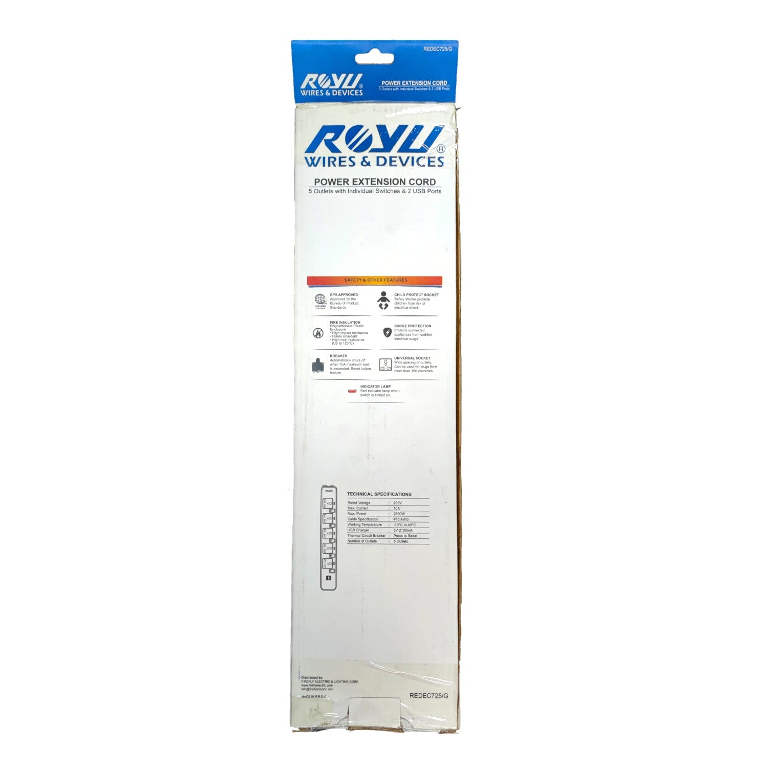 A tall, narrow package of Roly Wires & Devices Power Extension Cord, featuring a white cardboard insert with blue and red text and a blue header card at the top, set against a plain white background.