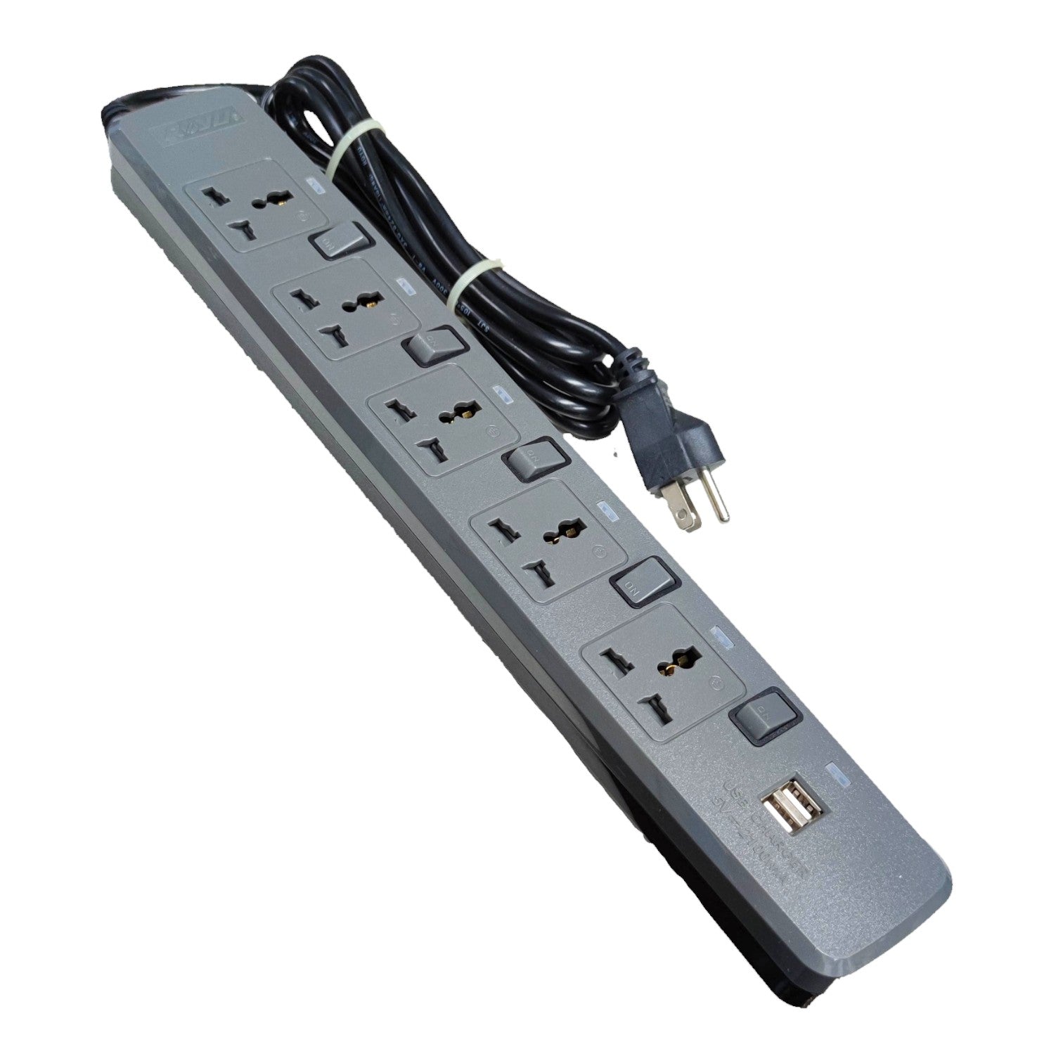 A gray multi-outlet power strip with multiple international-style wall outlets, a black power cord with a two-pin plug, and two USB ports, shown on a plain white background.