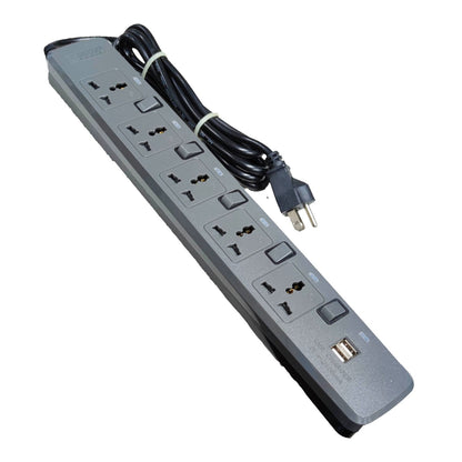 A gray multi-outlet power strip with multiple international-style wall outlets, a black power cord with a two-pin plug, and two USB ports, shown on a plain white background.